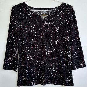 Holiday Women's PETITE L Croft & Barrow Top Polka Dots Festive Black Gold Bar